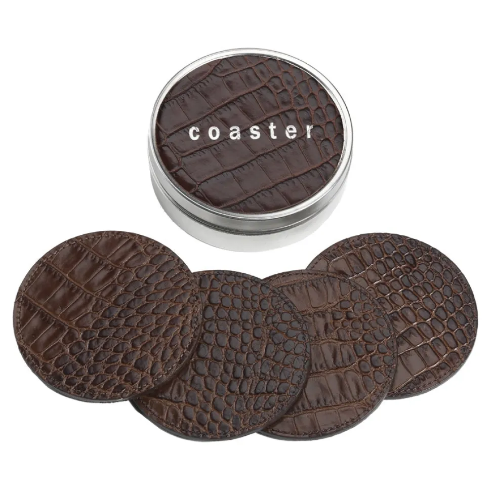 4 Coasters with Tin Box in Crocodile Embossed Leather