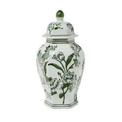 14" Primrose Lotus Green & White Chinoiserie Temple Jar with Lid