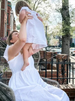 Amelia White Cotton Short Sleeve Dress with Blue Smocking