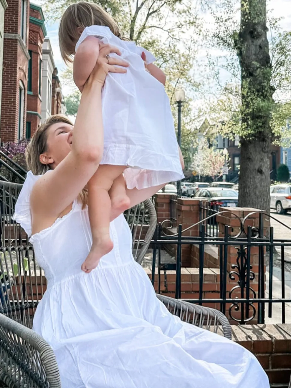 Amelia White Cotton Short Sleeve Dress with Blue Smocking
