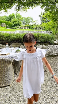 Amelia White Cotton Short Sleeve Dress with Blue Smocking