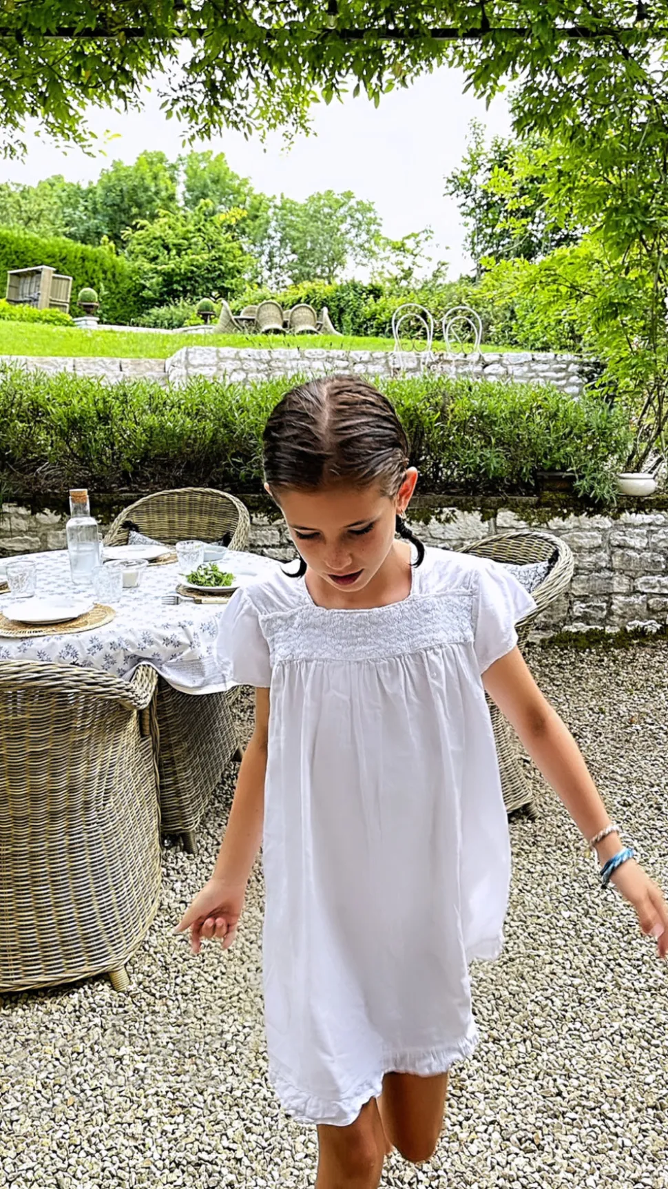 Amelia White Cotton Short Sleeve Dress with Blue Smocking