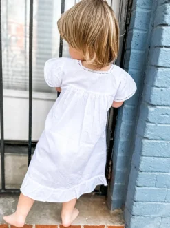 Amelia White Cotton Short Sleeve Dress with Blue Smocking