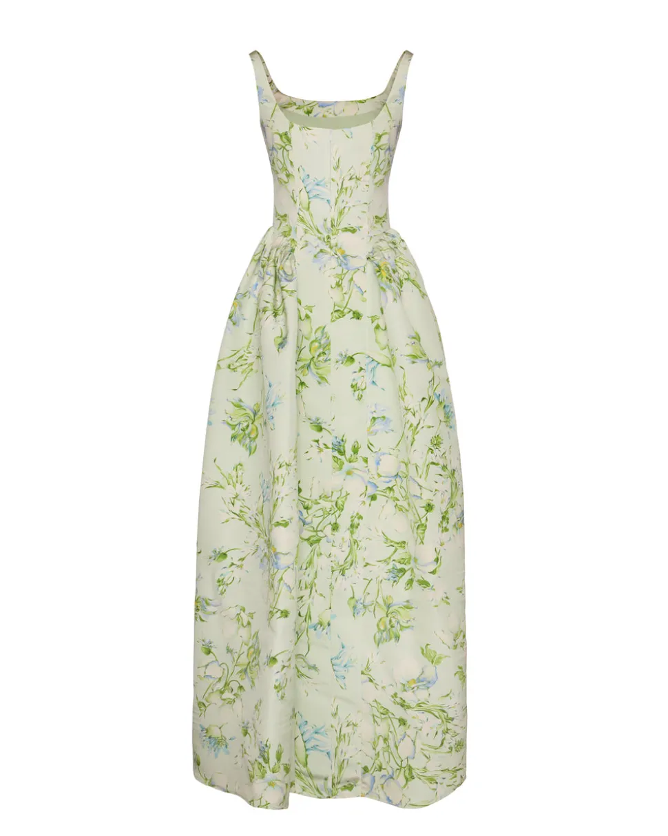 Antoinette Dress in Celadon Bloom Silk Faille