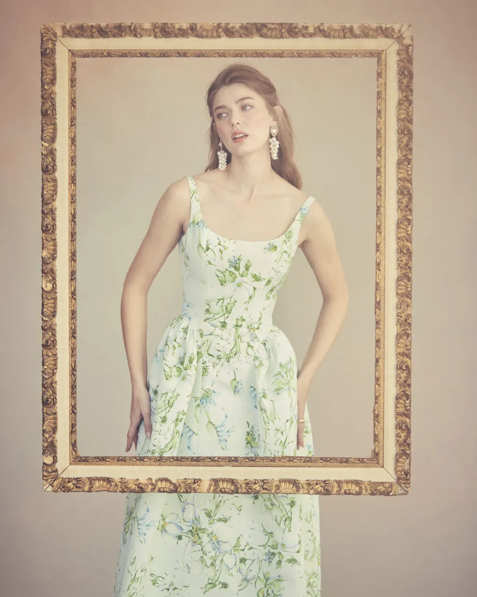 Antoinette Dress in Celadon Bloom Silk Faille