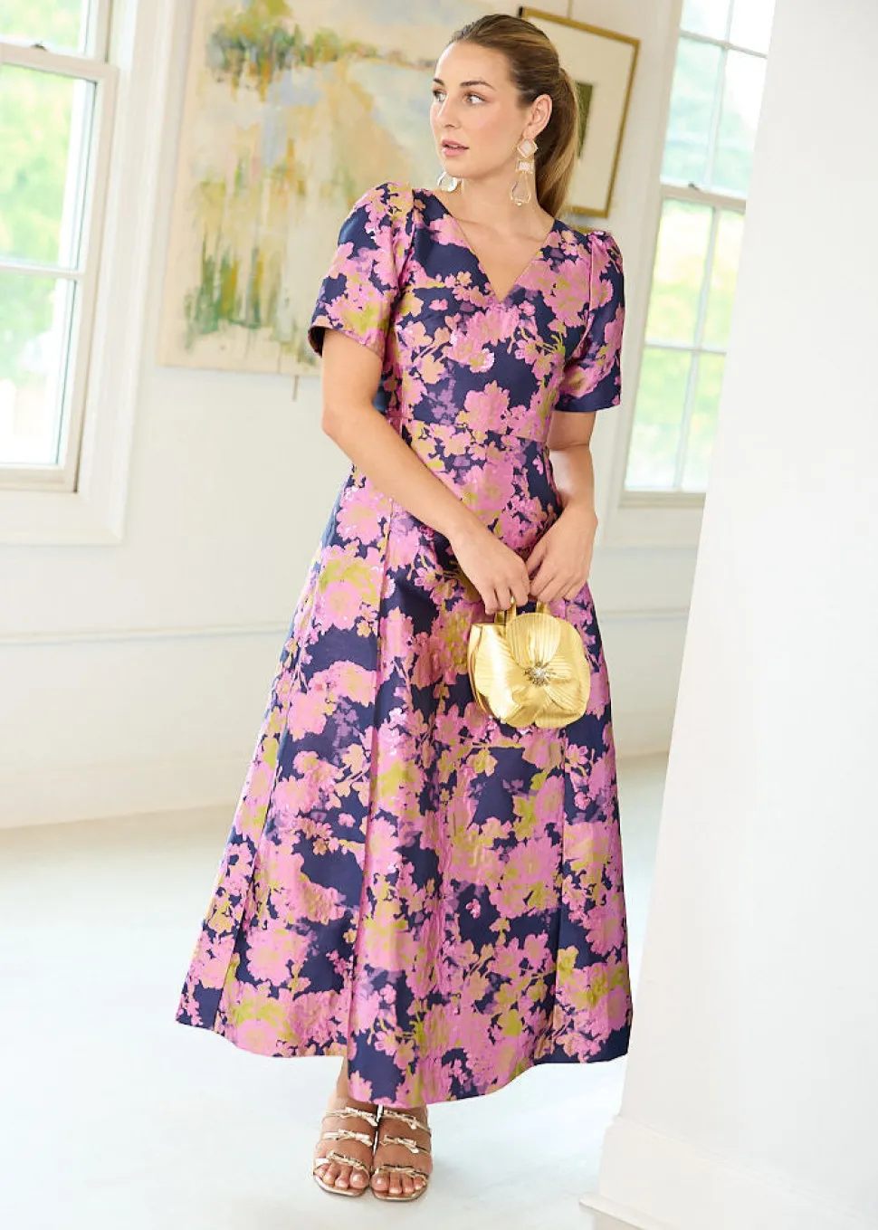 Arden Gown in Navy Abstract Brocade