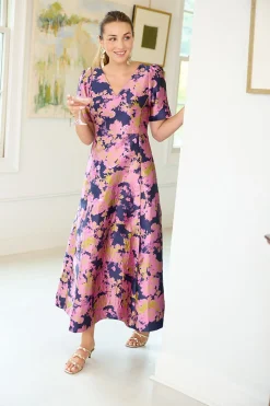Arden Gown in Navy Abstract Brocade