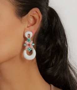 Asheville Earrings in White Enamel, Pink Opal, and Diamonds