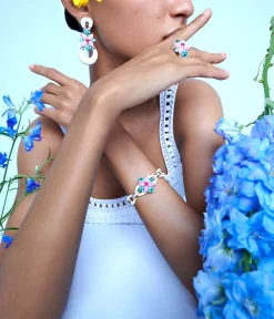 Asheville Earrings in White Enamel, Pink Opal, and Diamonds
