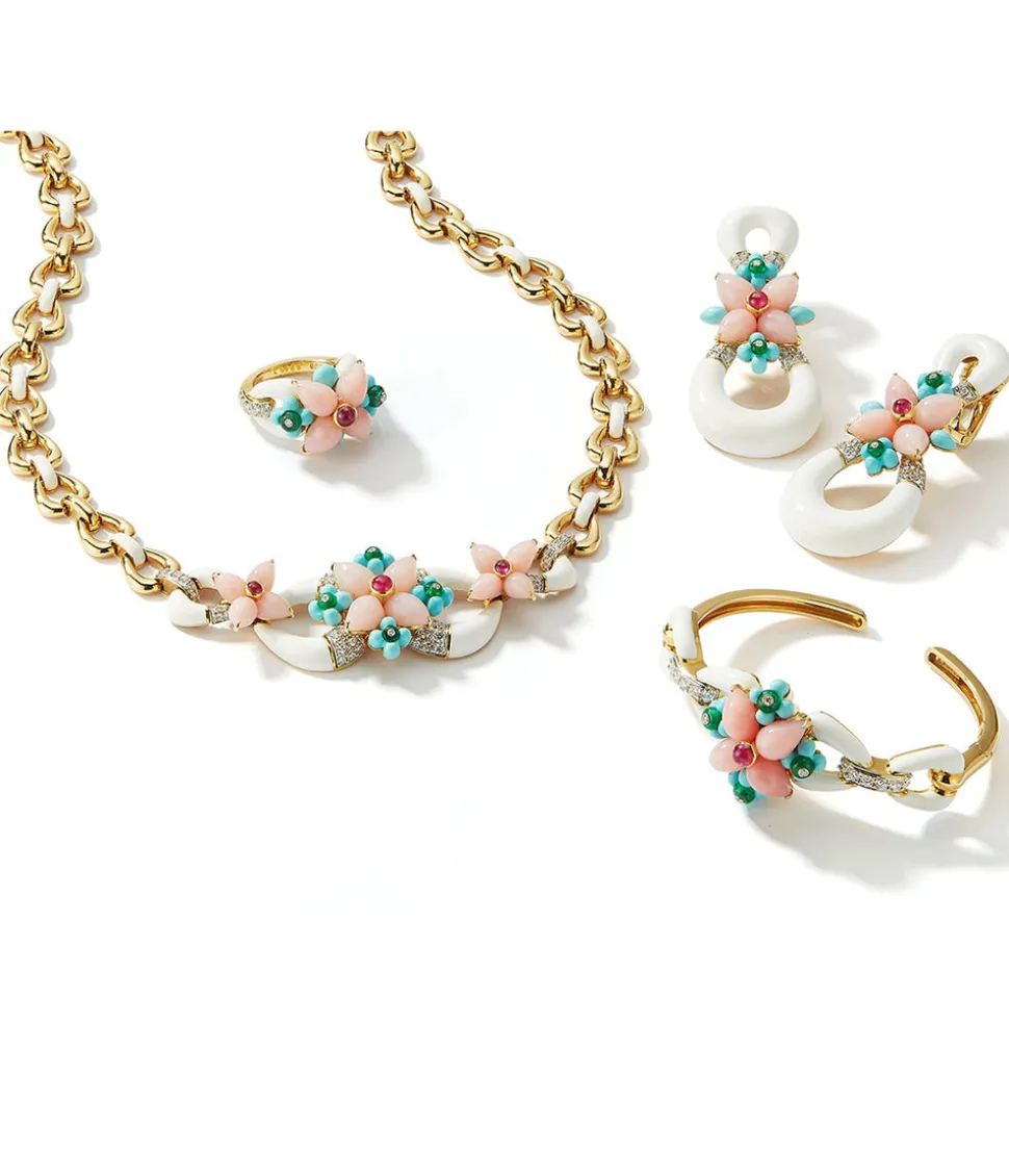 Asheville Earrings in White Enamel, Pink Opal, and Diamonds