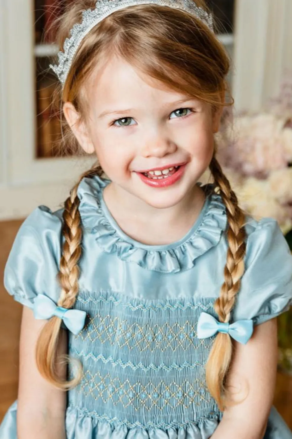 Astrid Blue Silk Smocked Girl Dress