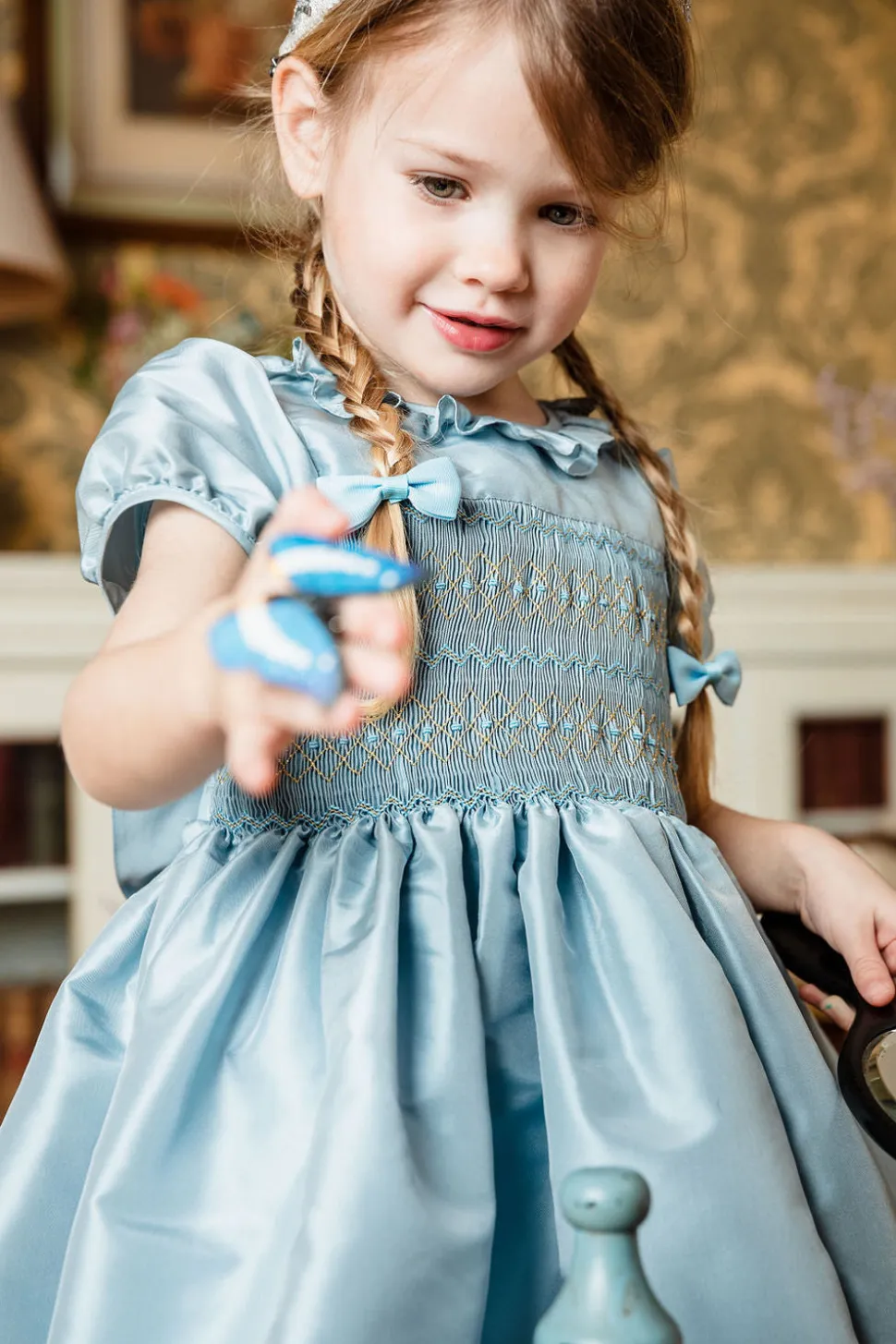 Astrid Blue Silk Smocked Girl Dress