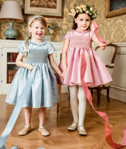 Astrid Blue Silk Smocked Girl Dress