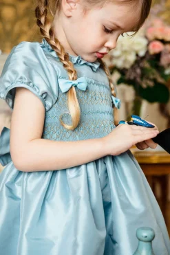 Astrid Blue Silk Smocked Girl Dress