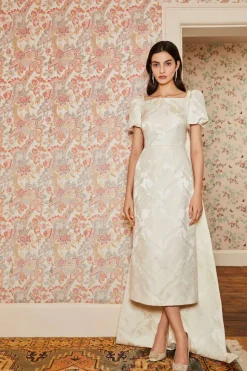 Audrey Puff Sleeve Fitted Midi Dress With Train