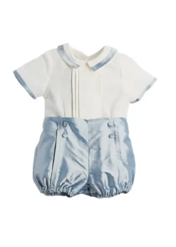 Baby Boy Celebration Bloomers and Linen Shirt Set in Blue Silk