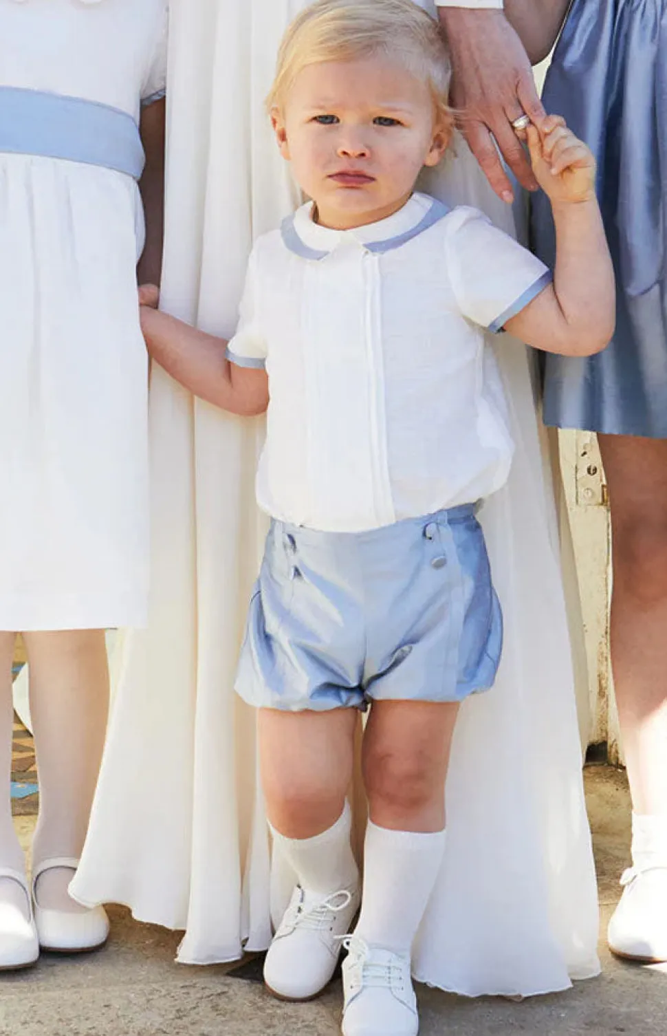 Baby Boy Celebration Bloomers and Linen Shirt Set in Blue Silk