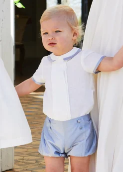 Baby Boy Celebration Bloomers and Linen Shirt Set in Blue Silk