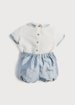 Baby Boy Celebration Bloomers and Linen Shirt Set in Blue Silk