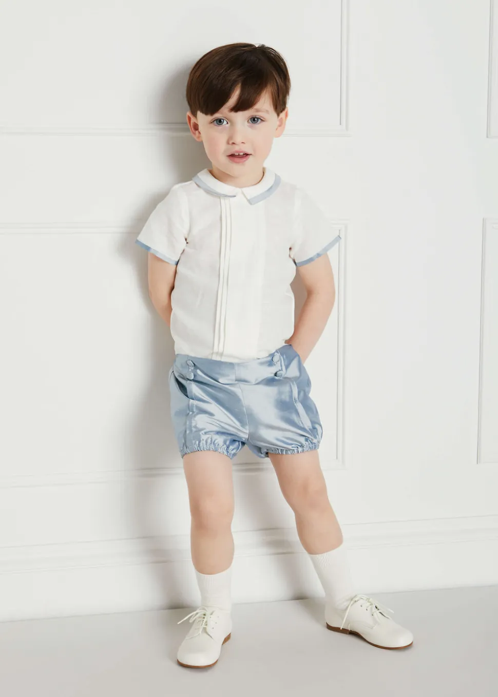 Baby Boy Celebration Bloomers and Linen Shirt Set in Blue Silk