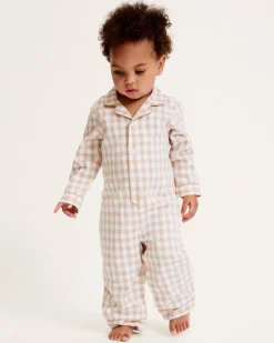 Baby's Twill Classic Romper in Camel Gingham