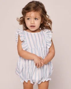 Baby’s Twill Ruffled Romper in Periwinkle Stripe