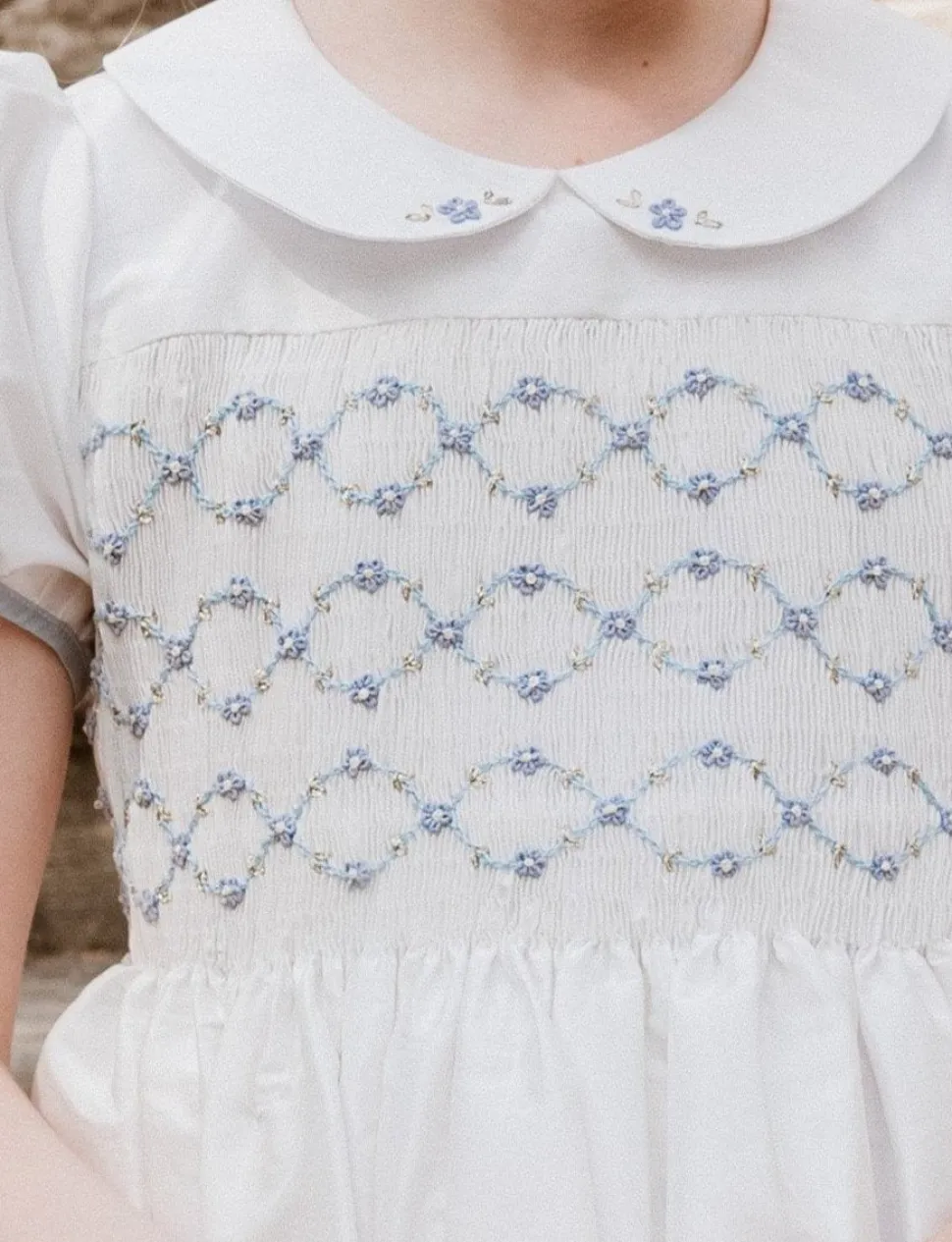 Bagatelle White/Blue Silk Handmade Smocked Dress
