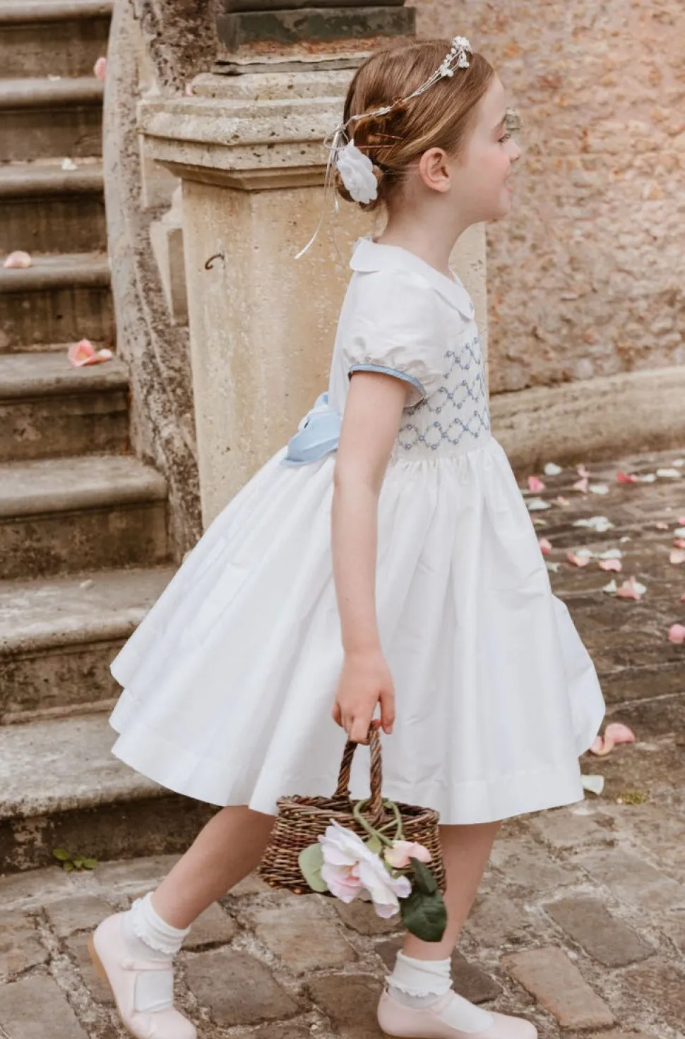 Bagatelle White/Blue Silk Handmade Smocked Dress