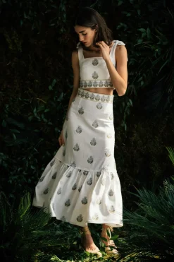 Begum Crop Top in Off White & Blue