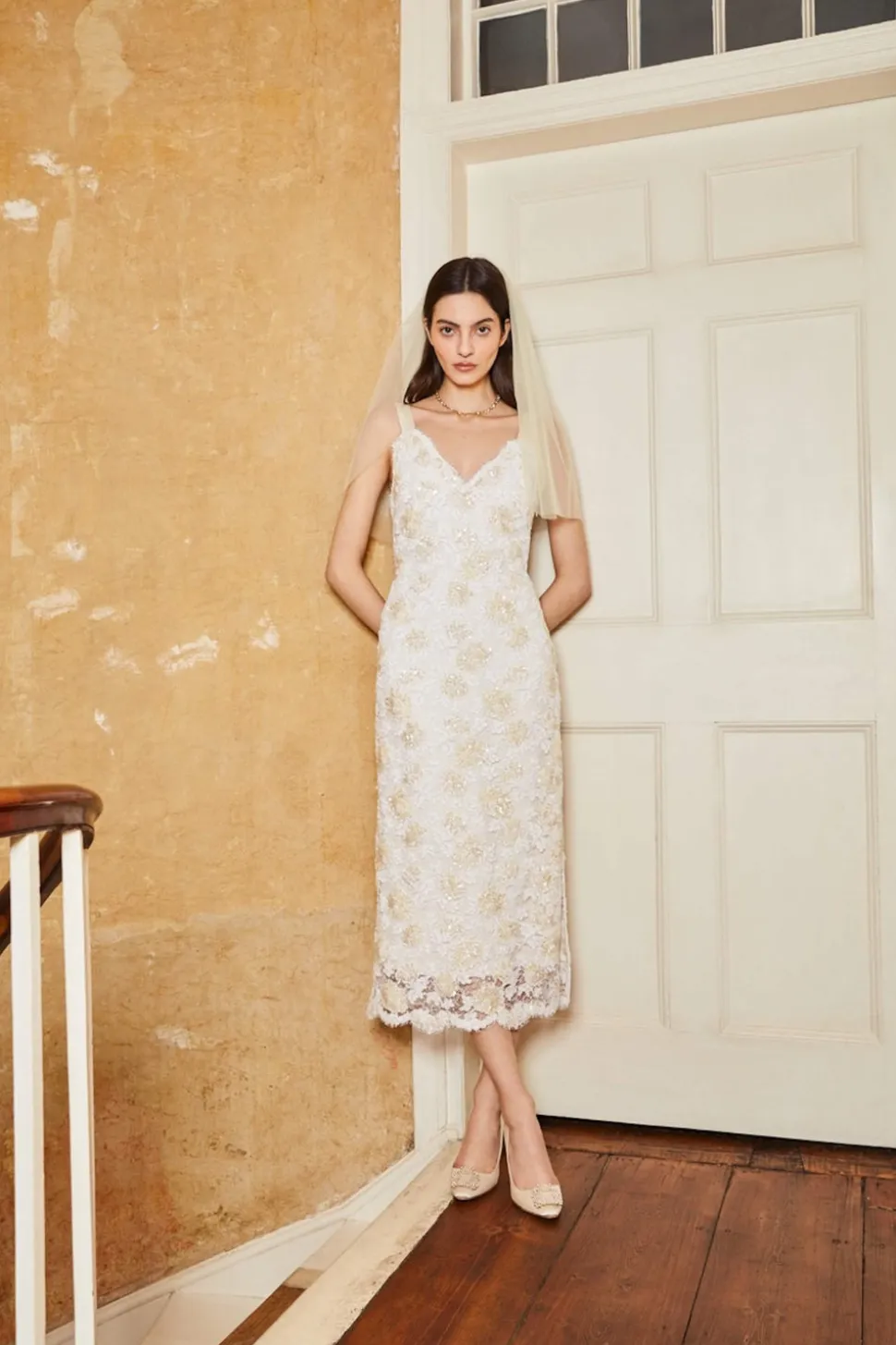 Bianca Beaded Lace Shift Dress With Side Slit