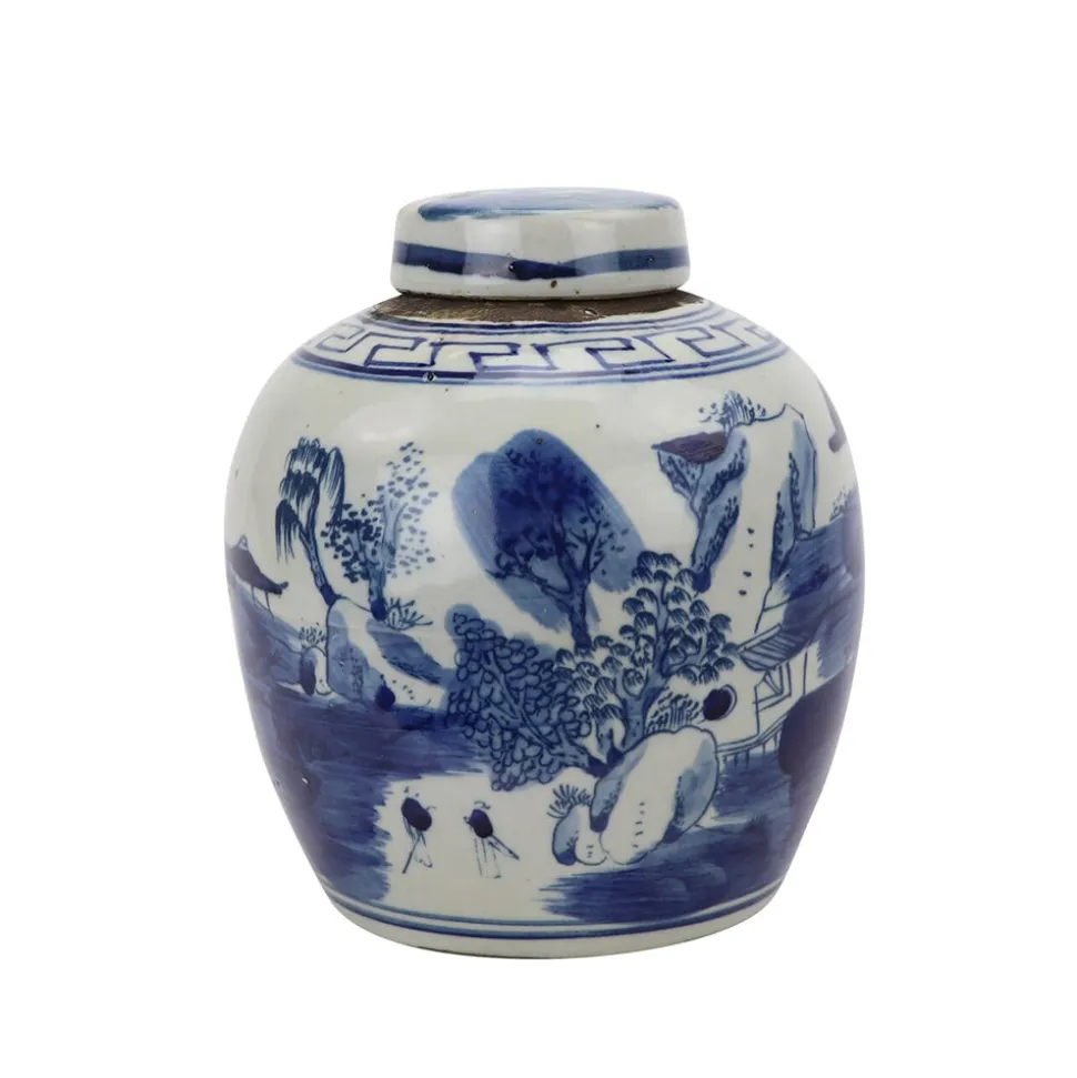 Blue and White Mini Jar with a Mountain and Tree