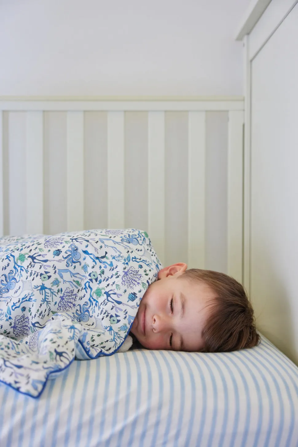 Blue and White Striped Crib Sheet