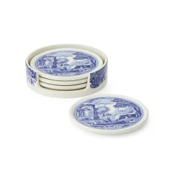 Blue Italian 4-Piece Ceramic Coaster Set with Holder