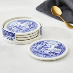 Blue Italian 4-Piece Ceramic Coaster Set with Holder