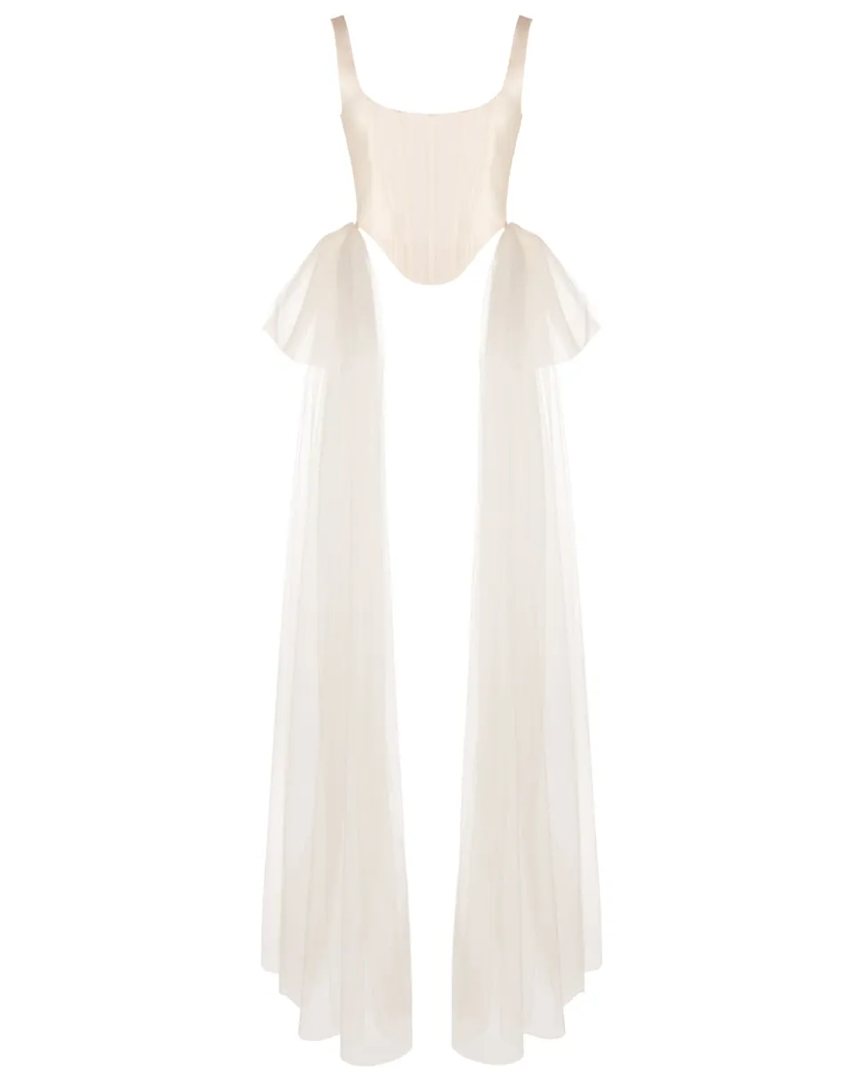Bonnie Corset Top in Ivory Silk Wool with Tulle Bows