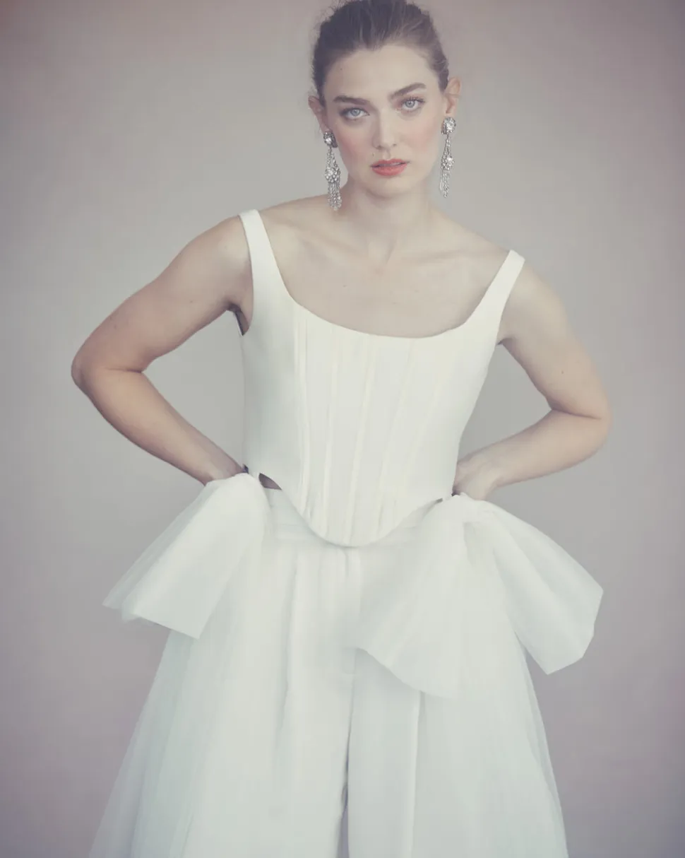 Bonnie Corset Top in Ivory Silk Wool with Tulle Bows
