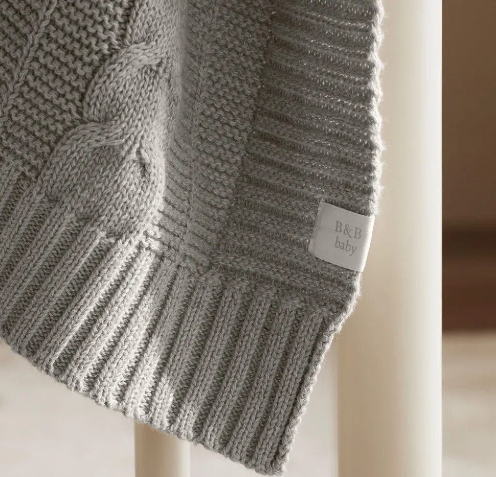 Cable Knit Baby Blanket in Heathered Pewter