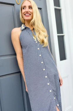 Cami Collar Dress in Navy Gingham with Cream Crochet Applique