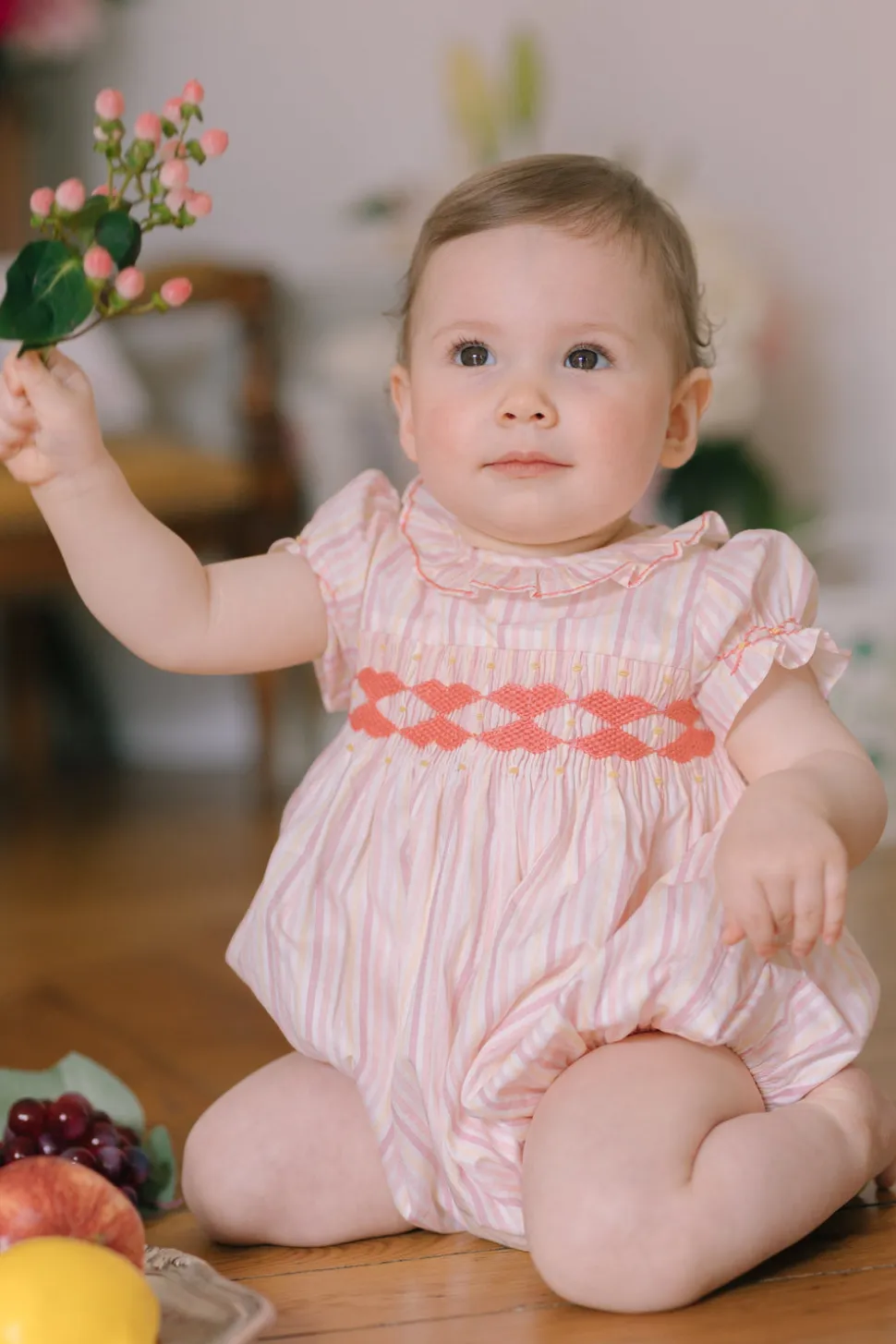 Capucine Pink Yellow Stripe Smocked Romper