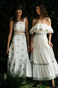 Carnation Ruffle Dress in Off-White & Blue