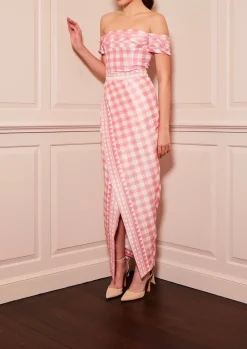 Casey Silk Gingham Off-Shoulder Crop Top