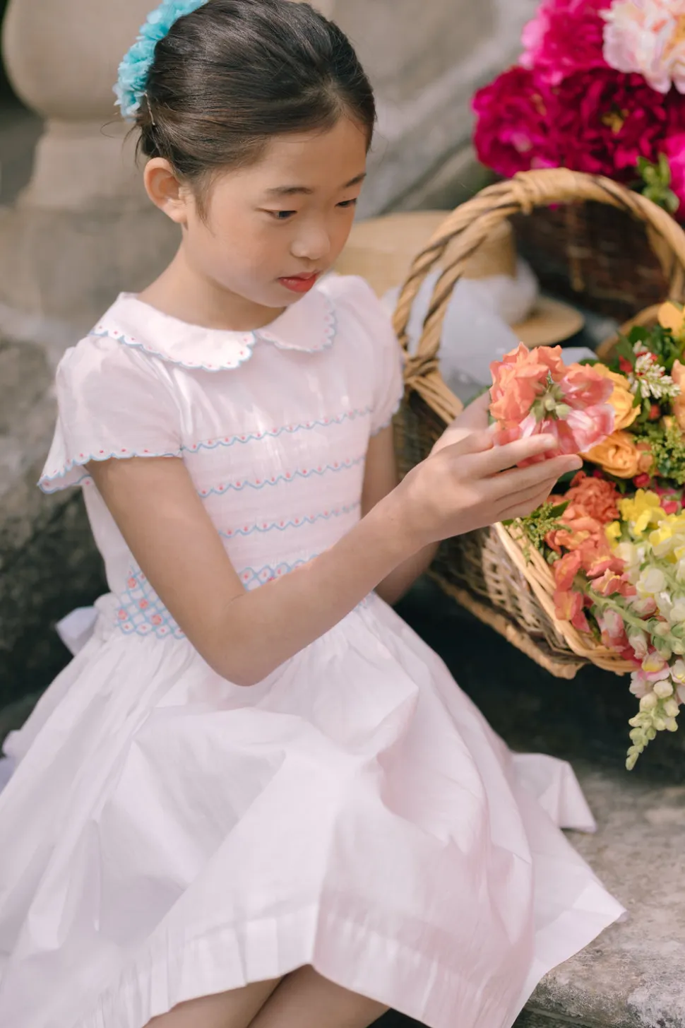 Cassis White Short Sleeve Smocked Dress