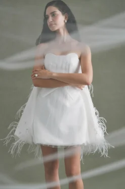 Cloud Dress in Ivory Satin with Feather Embellishment