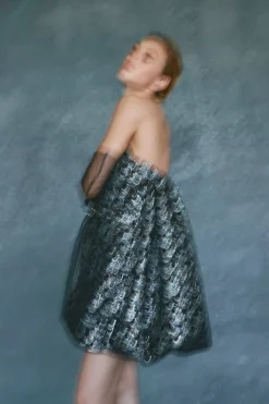 Cloud Dress in Metallic Blue Brocade