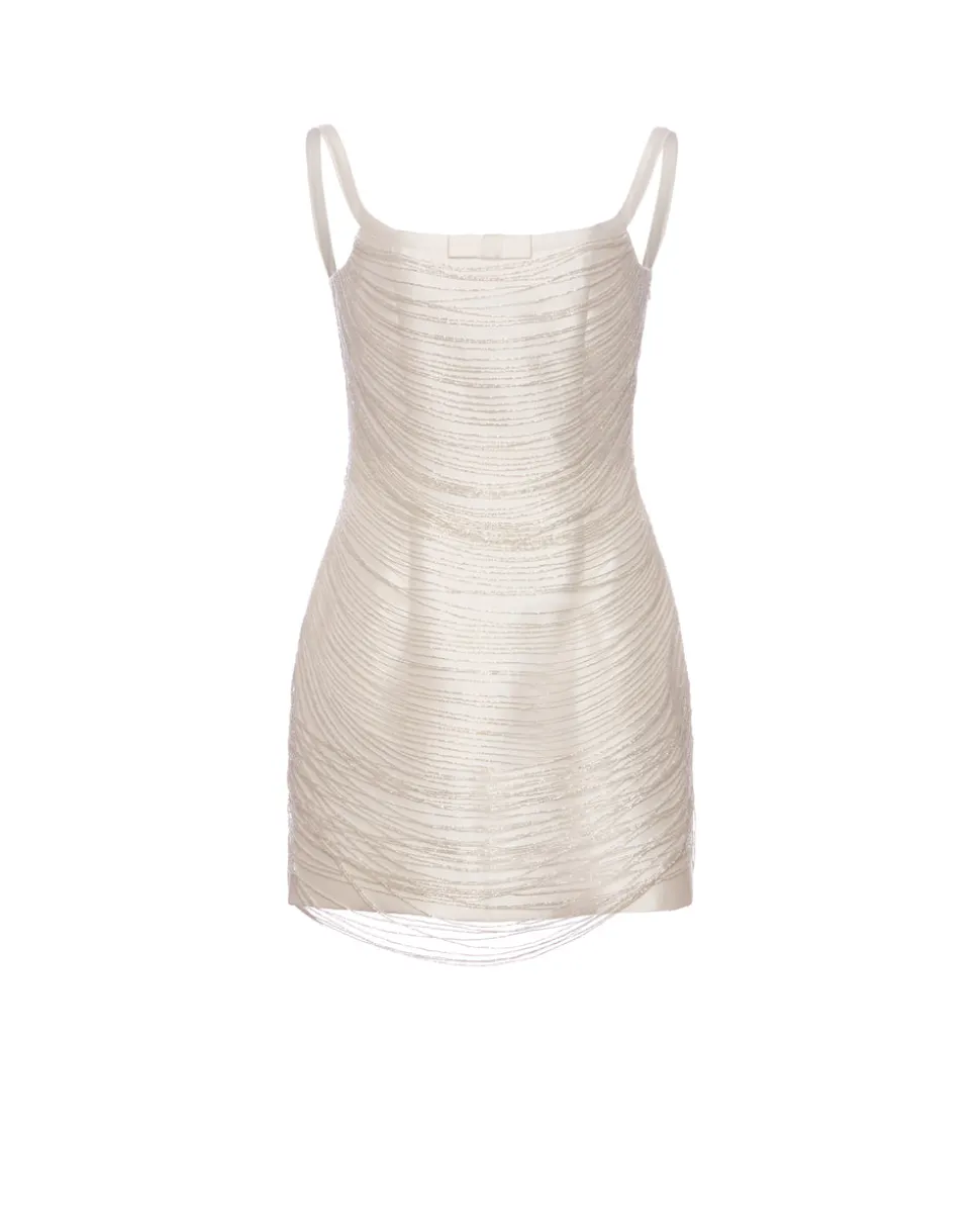 Cosette Dress in Ivory Silk Wool with Beaded Fringe