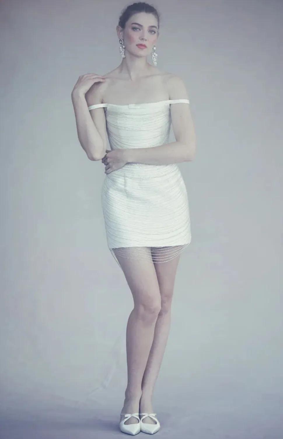 Cosette Dress in Ivory Silk Wool with Beaded Fringe