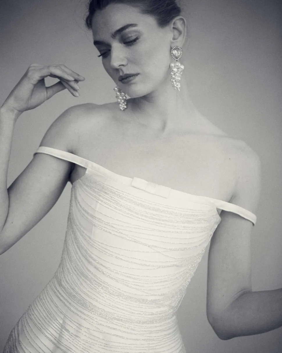 Cosette Dress in Ivory Silk Wool with Beaded Fringe
