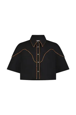 Cotton Poplin Leather Trim Cropped Shirt in Black