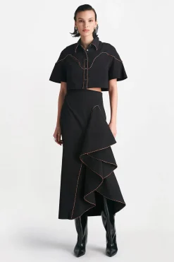 Cotton Poplin Leather Trim Cropped Shirt in Black