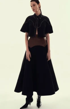 Cotton Poplin Leather Trim Cropped Shirt in Black